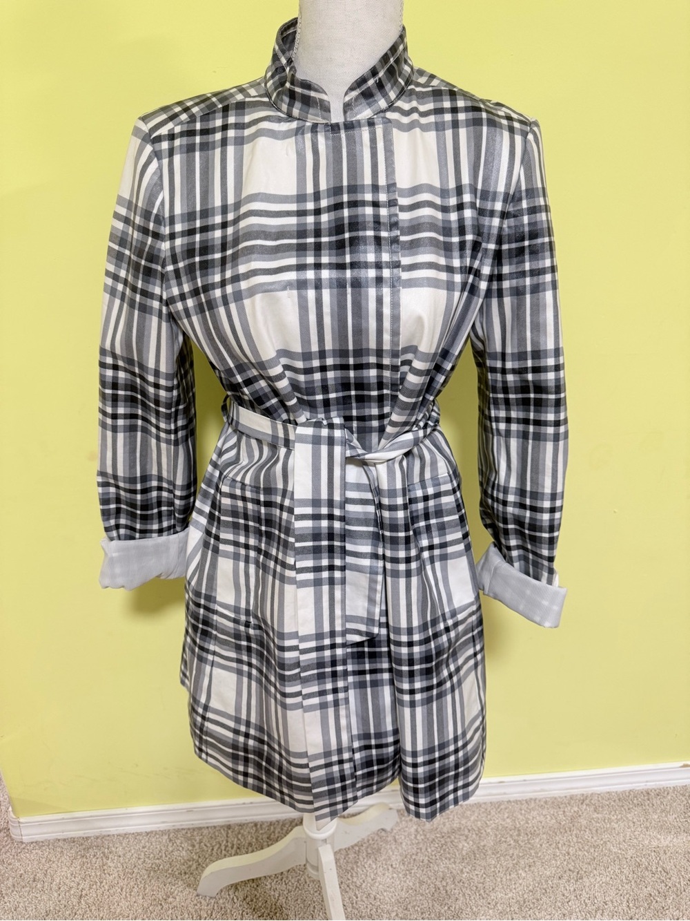 Club Monaco Black and White Plaid Belted Long-Sleeve Coat